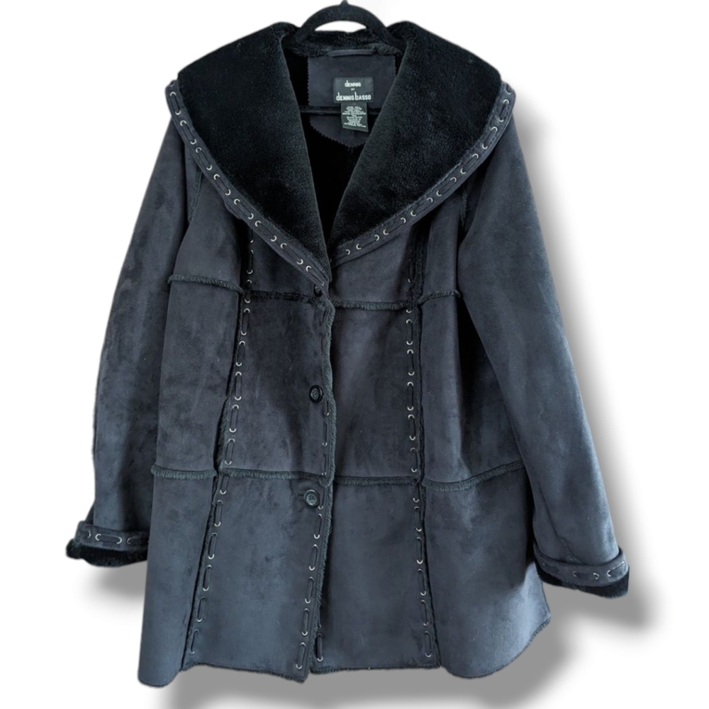 NWT Dennis Basso Patchwork Faux Suede Shearling Faux Fur Coat